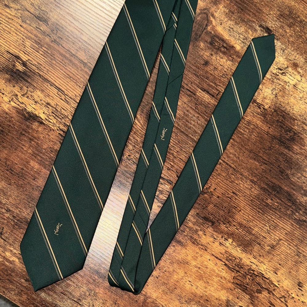 Yves Saint Laurent Dark Green and Gold Diagonal Striped Tie